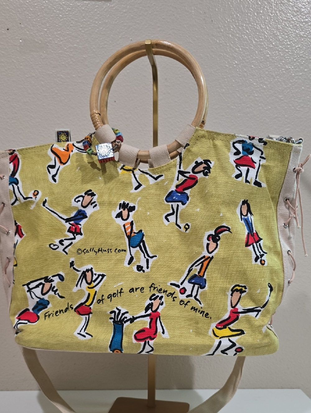 🌻Canvas Golf-Print Tote with Wooden Ring Handles - Yellow Green